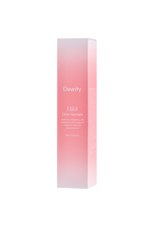 Dewity Hibi Dewy Serum skincare bottle with a soft pink gradient box packaging, shown on a solid white background.